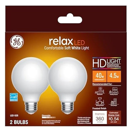 GE Lighting 31541 Frosted Finish Light Bulb Relax HD Dimmable LED G25 Decorative Globe 4.5 (40-Watt Replacement), 350-Lumen Medium Base, 2-Pack, White, 2