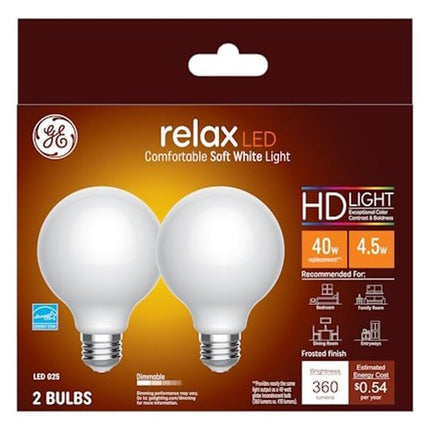 GE Lighting 31541 Bombilla con Acabado Esmerilado Relax HD LED Regulable Globo Decorativo G25 4.5 (Reemplazo de 40 Watts), 350 Lúmenes Base Mediana, Paquete de 2, Blanco, 2