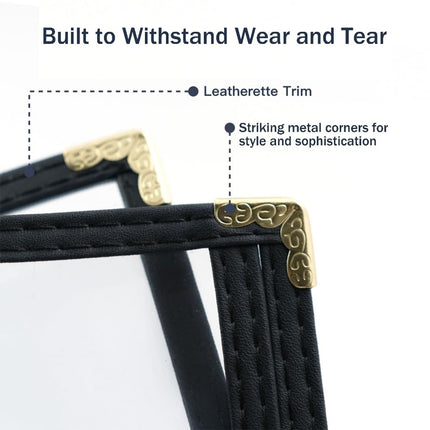 Black, 25 Pack, 4 Views - 8.5" x 14", Cafe Style Menu Cover, Side-Loading Double Stitched Edge, Crystal Clear Vinyl Menu Holder with Gold Decorative Corners