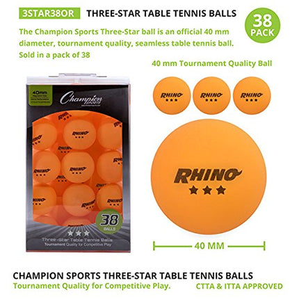 Champion Sports 3 Star Table Tennis Ball Pack, Tournament Size - Orange Ping Pong Balls, 38 Set - CTTA and ITTA Approved
