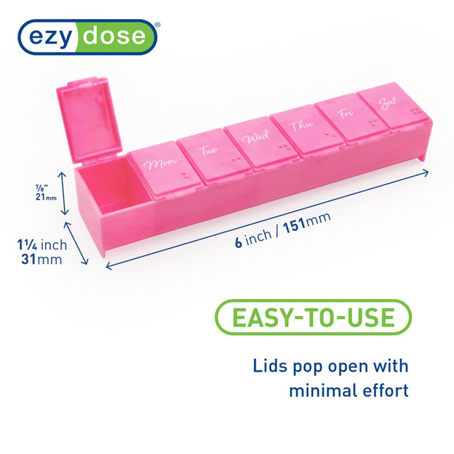 Pilulier hebdomadaire (7 jours) EZY DOSE, organiseur de vitamines et boîte à médicaments, grands compartiments, rose, fabriqué aux États-Unis