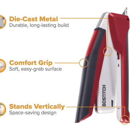 PaperPro inPOWER+28 Executive Stapler - 3 in 1 Stapler - One Finger, No Effort, Spring Powered Stapler, Red/Silver (1117)