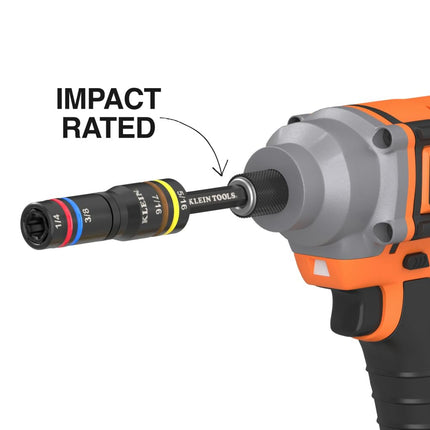 Klein Tools 651QS Quad Socket, 4 Sizes in 1 Socket, 4-in-1 Color Coded SAE Impact Rated, Deep-Well Heavy-Duty, 1/4-Inch Drive, 3-1/2-Inch Shaft