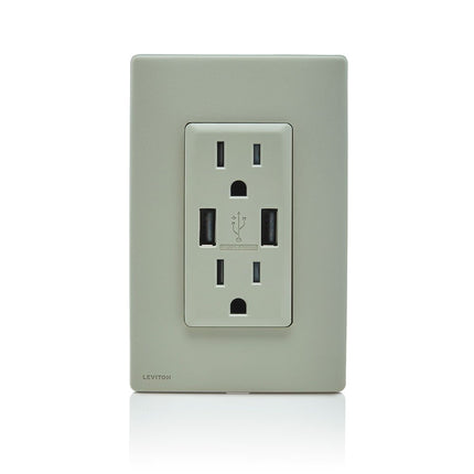 Leviton RUAA1-WS Renu USB Charger/Tamper-Resistant Duplex Outlet, 15A-125VAC, Wood Smoke 15-Amp
