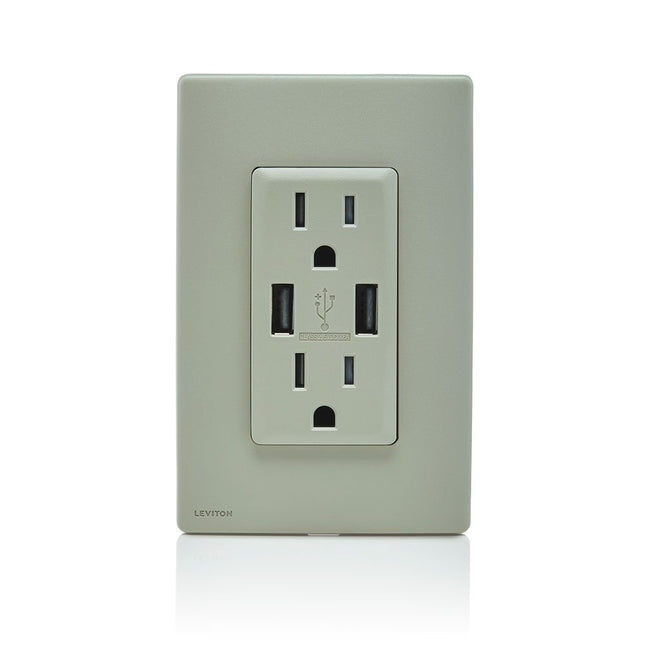 Leviton RUAA1-WS Renu USB Charger/Tamper-Resistant Duplex Outlet, 15A-125VAC, Wood Smoke 15-Amp
