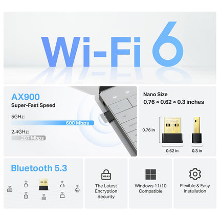 TP-Link 2-in-1 USB Bluetooth WiFi Adapter Archer TX10UB Nano | AX900 WiFi 6 BT 5.3 USB 2.0 Adapter for Desktop PC | Dual-Band WiFi Dongle | OFDMA, MU-MIMO, WPA3 | Travel Size | Supports Windows 11,10
