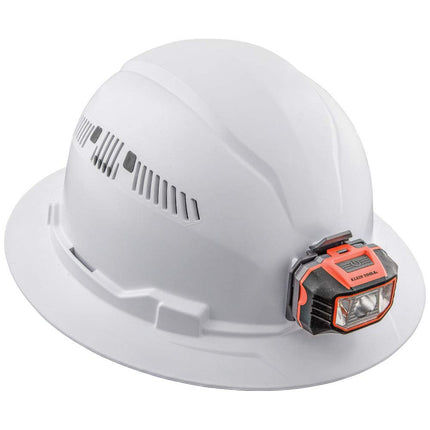 Casco Klein Tools 60407 con Luz, Estilo Ala Completa Ventilada, Acolchado, Banda para el Sudor Autoabsorbente y Resistente a Olores, Blanco