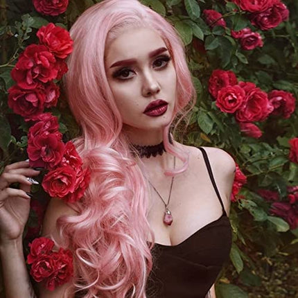 Xiweiya Long Pink Wavy Wig Synthetic Pink Wavy Lace Front Wigs Middle Part Wig Long Soft Wig Hair Replacement Wig for Women, Drag Queen Makeup 24 inch