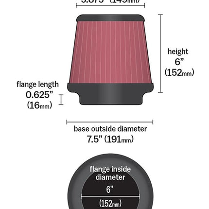 Filtro de aire universal K&N con abrazadera: alto rendimiento, premium, lavable, filtro de repuesto: Diámetro de la brida: 6 pulgadas, Altura del filtro: 6 pulgadas, Longitud de la brida: 0.625 pulgadas, Forma: Redonda cónica, RU-5173