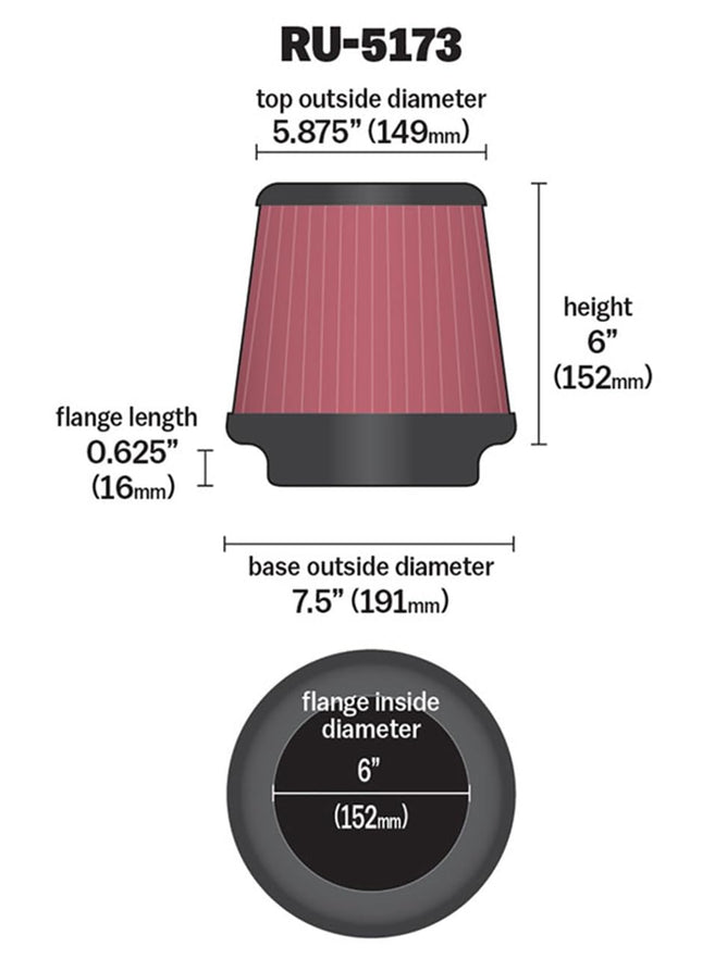 Filtro de aire universal K&N con abrazadera: alto rendimiento, premium, lavable, filtro de repuesto: Diámetro de la brida: 6 pulgadas, Altura del filtro: 6 pulgadas, Longitud de la brida: 0.625 pulgadas, Forma: Redonda cónica, RU-5173
