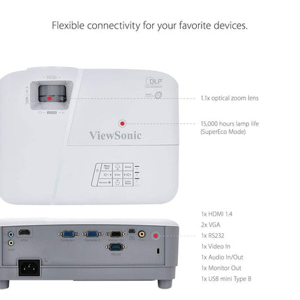 ViewSonic PA503X Projector, 4000 ANSI Lumen, XGA 1024x768, 22.000:1 Contrast Ratio, Up to 300-Inch Image, HDMI, Vertical Keystone +/-40°, 2W Speaker