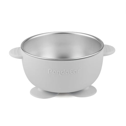 PandaEar 3 Pack Stainless Steel Suction Baby Bowls & 3 Baby Feeding Spoons | Non-Slip Stay Put Bowls & Soft Silicone First Stage Spoons for Toddlers, BPA-Free Baby Led Weaning Set (Linen Brown Grey)