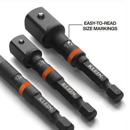 Klein Tools 65030A 3-Piece Impact Driver Socket Adapter Set, 3-Inch Quick-Connect Extensions, Knurled Grip, High-Visibility, 1/4, 3/8, and 1/2-Inch Square Drive Adapters