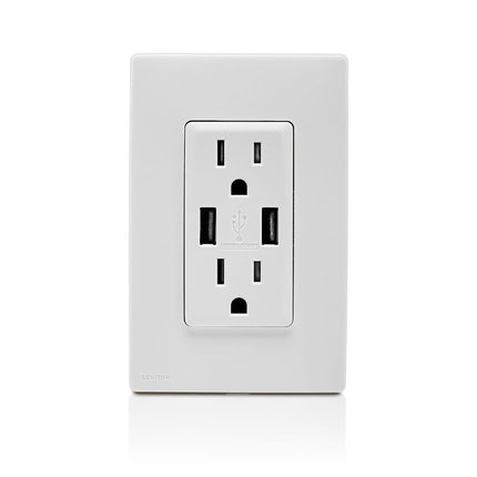 Leviton RUAA1-WW Renu USB Charger/Tamper-Resistant Duplex Outlet, 15A-125VAC, White, 15-Amp