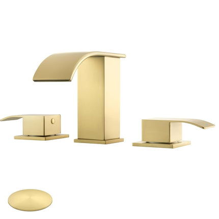 GAGALIFE Grifos de baño de 8 pulgadas tipo cascada de 3 orificios - Grifo de baño dorado cepillado de montaje extendido con desagüe emergente, grifo de lavabo de baño de dos manijas, Patente No. : US D967,340 S