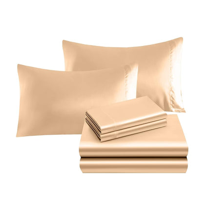 Elegant Comfort Luxurious 4-Piece Silky Satin Sheet Set, Skin and Hair Friendly, Wrinkle, Fade, Stain Resistant with Deep Pockets Fitted Sheet, Cooling Soft Satin Sheet Set, Twin, Champaign