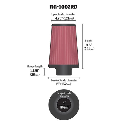 K&N Universal Clamp-On Air Filter: High Performance, Premium, Washable, Filter: Flange Diameter: 4 In, Filter Height: 9.5 In, Flange Length: 1.125 In, Shape: Round Tapered, RG-1002RD