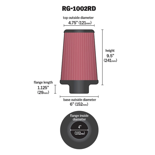 K&N Universal Clamp-On Air Filter: High Performance, Premium, Washable, Filter: Flange Diameter: 4 In, Filter Height: 9.5 In, Flange Length: 1.125 In, Shape: Round Tapered, RG-1002RD