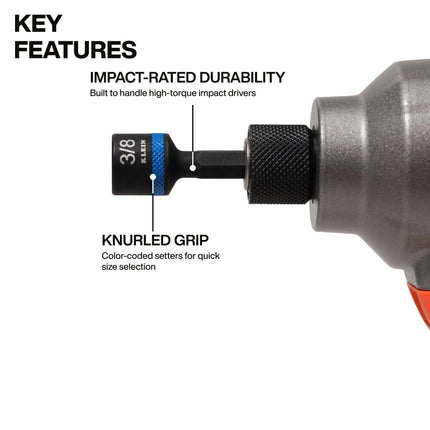 Klein Tools 32925S Nut Setter Set, Magnetic Impact Driver Set, 2-Inch Power Nut Drivers, Color-Coded, SAE, Impact-Rated, 5-Piece
