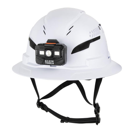 Klein Tools 60407T2RL Type 2 Hard Hat, Vented Full Brim, Class C Hard Hat with Chin Strap, 6-Point Suspension with Accessory Mounts, Washable Padding, and Rechargeable Headlamp