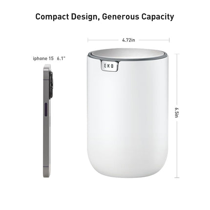 EKO 1.5L Mini Desk Bin with Swing-Top Lid,Small Round Tabletop Rubbish Bin and Storage Pot for Stationery, Makeup and Small Waste, Desktop Bin for Office, Home or Car (White)