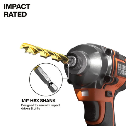 Klein Tools 53621 21-Piece Titanium Drill Bit Set, Impact-Rated, 1/4-Inch Hex Shank, Cuts Metal, Plastic, Wood, 15 Unique Sizes