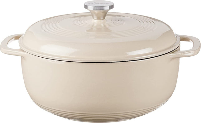 Horno holandés de hierro fundido esmaltado Lodge de 7.5 cuartos con tapa y doble asa – Apto para horno hasta 500 °F o en la estufa - Úselo para marinar, cocinar, hornear, refrigerar y servir – Sandalwood