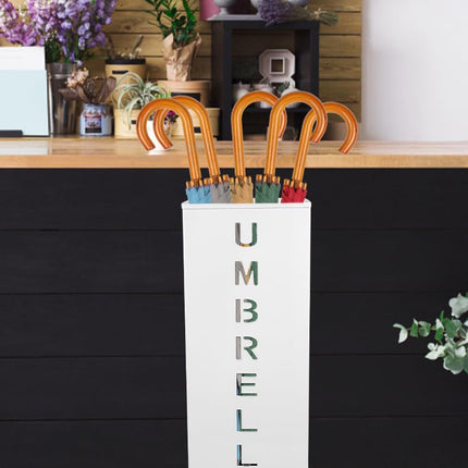 Metal Umbrella Stand, 16.5x6.3x6.3inch Square Free Standing Umbrella Rack Decorative Umbrella Holder Bin Multipurpose Walking Sticks Holder for Umbrella Cane Entryway Home Office(White)