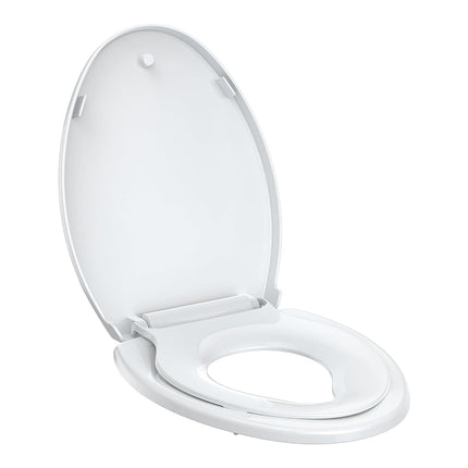 Toilet Seat with Toddler Seat, Elongated Toilet Seat, Quick-Release Structure Toilet Seat, Quick-Attach Hardware & Full Flat with Grip-Tight Bumpers, Quiet-Close Seat, White 19"