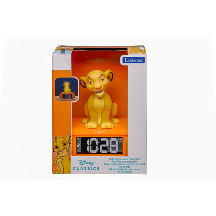 LEXIBOOK, Disney The Simba Lion King Alarm Clock with Night Light, Sounds and Melodies, Backlit LCD Display, Luminous, Snooze, Yellow/Orange, RL800AN
