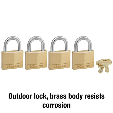 Master Lock Solid Brass Padlock with Key – 40mm Body, 22mm Hardened Steel Shackle, 4-Pin Cylinder Security Lock, Keyed Alike, 4 Pack