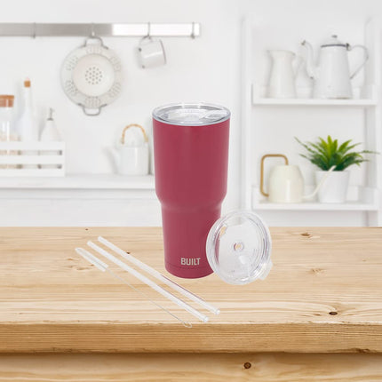 BUILT Double Walled Stainless Steel Tumbler Set with Replacement Lid, 2 Reusable Tritan Wire Straw Cleaning Brush in Gift Box, 1 Count (Pack of 1), Burgundy