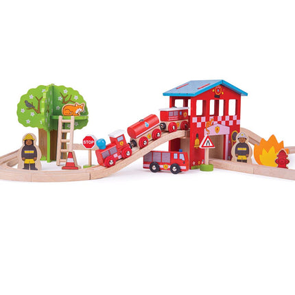 Bigjigs Rail Wooden Fire Station Train Set - 39 Play Pieces