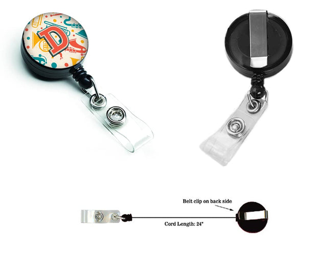 Caroline's Treasures CJ2001-DBR Letter D Retro Teal Orange Musical Instruments Initial Retractable Badge Reel, for Nurses ID Badge Holder with Clip Retractable Employee Badge Holder,