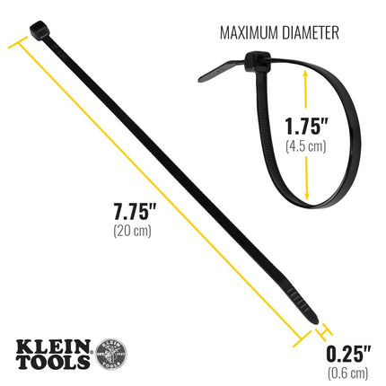 Cable Ties, 50-Pound Tensile Strength, Heavy Duty Nylon Cable Zip Ties, Indoor/Outdoor Use, 7.75-Inch, Black, 100-Piece Klein Tools 450-200