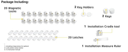 Child Safety Magnetic Cabinet Locks - 20 Pack Children Proof Cupboard Baby Locks Latches with 3M Adhesive for Cabinets & Drawers and Screws Fixed for Durable Protection (Optional) 3 Keys
