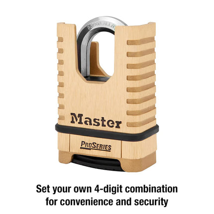 Master Lock 58mm Shrouded Combination Padlock with 4 Digit Resettable Code Solid Brass Body Boron Carbide Shackle for Locker Gate Or Storage Security