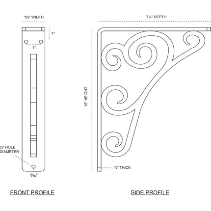 Ekena BKTM01X07X10STN Tristan Wrought Iron Bracket, Steel, 1 1/2" W x 7 1/2" D x 10" H (Single Center Brace)