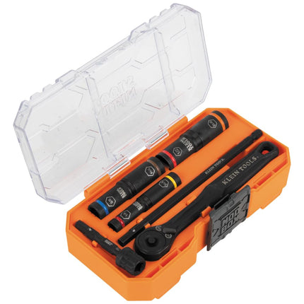 Klein Tools 65238 KNECT Impact Socket Set, Deep Sockets with Wrench, 3 Heavy-Duty Color Coded Flip Sockets, 6 SAE Sizes, Ratchet, Adapter and MODbox Case