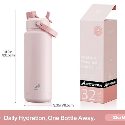 POWCAN 946 ml Insulated Water Bottle, 2-in-1 Straw & Spout Lid, Leakproof, BPA-Free, Double Wall Stainless Steel, Keeps Cold 24H, for Sports, Gym & Travel (Cotton Candy)