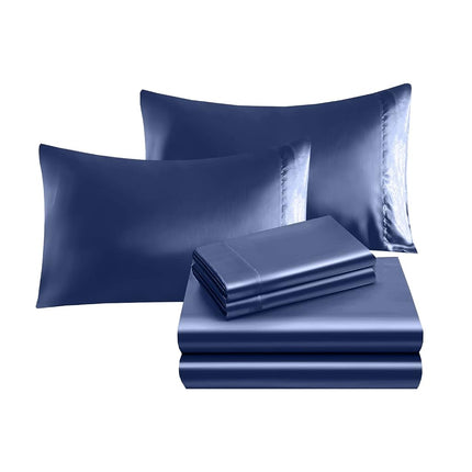 Elegant Comfort Luxurious 4-Piece Silky Satin Sheet Set, Skin and Hair Friendly, Wrinkle, Fade, Stain Resistant with Deep Pockets Fitted Sheet, Cooling Soft Satin Sheet Set, Twin, Navy Blue