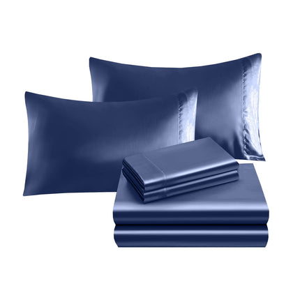 Elegant Comfort Luxurious 4-Piece Silky Satin Sheet Set, Skin and Hair Friendly, Wrinkle, Fade, Stain Resistant with Deep Pockets Fitted Sheet, Cooling Soft Satin Sheet Set, Twin, Navy Blue
