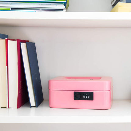 Kyodoled Medium Cash Box with Combination Lock Safe Metal Money Box with Money Tray for Security Lock Box 7.87x 6.30x 3.54Inch Pink Medium