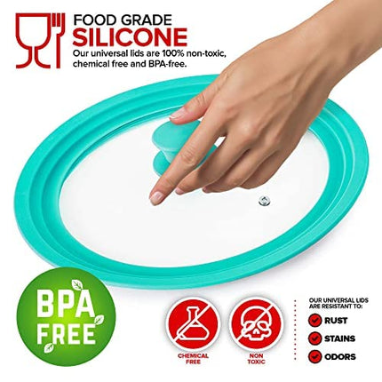 Modern Innovations Universal Lids (Set of 2) Fits 7 to 12-Inch Cookware, Silicone Replacement Pan Lid, Glass Top Covers for Skillets, Pots, Frying Pans, Cast Iron - Turquoise | Teal