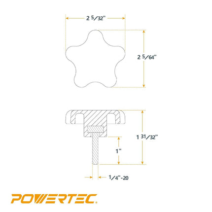 PowerTec QNB3006-P2 5-Star Stud Knob, 1/4"-20, 10 PK