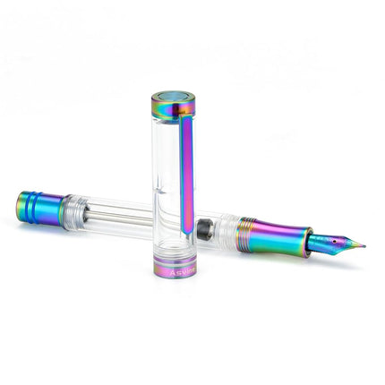 Asvine V200 Titanium Fountain Pen Vacuum Filling, Rainbow Bock Broad Nib Transparent Acrylic Smooth Writing Pen Case Set