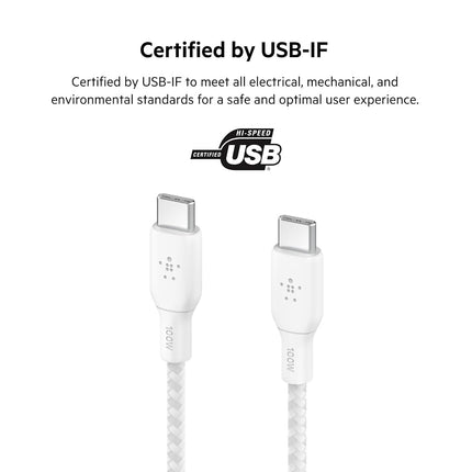 Belkin USB-C to USB-C BoostCharge Braided Cable (2M/6.6ft), 100W Power Delivery, USB-IF Certified for iPhone 16, MacBook, Chromebook, Galaxy & More - White (2-Pack)
