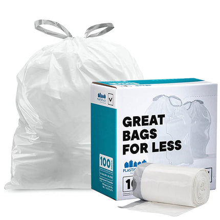 Plasticplace Custom Fit Bin Bags, Compatible with Code V (100 Count) White Drawstring Bin Liners 4.2-4.8 Gallon/ 16-18 Liter, 14.5" x 27.5"