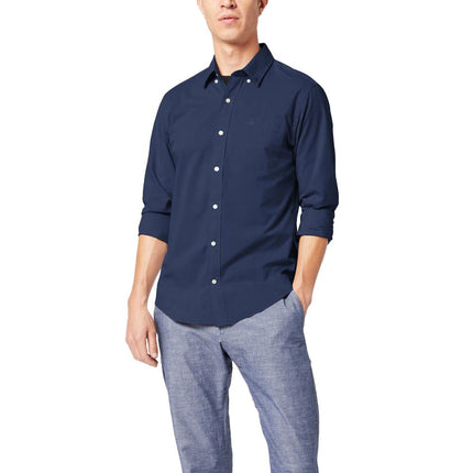 Dockers Men's Classic Fit Long Sleeve Signature Comfort Flex Shirt (Standard and Big & Tall) Button, Medieval Blue-Solid, Large
