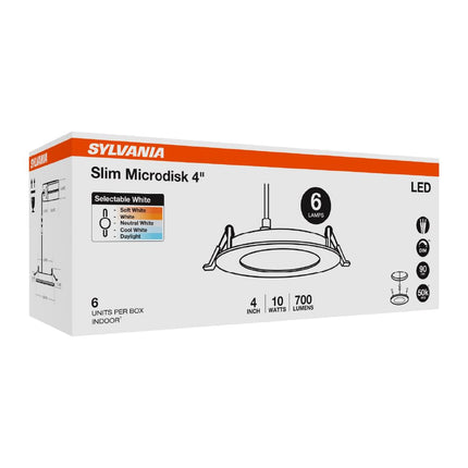 SYLVANIA 4" Slim Microdisk Downlight, 10W, 5 CCT Select (2700K - 5000K), 700 LMS, 90 CRI, Dimmable, Wet-Rated, White - 6 Pack (61189)